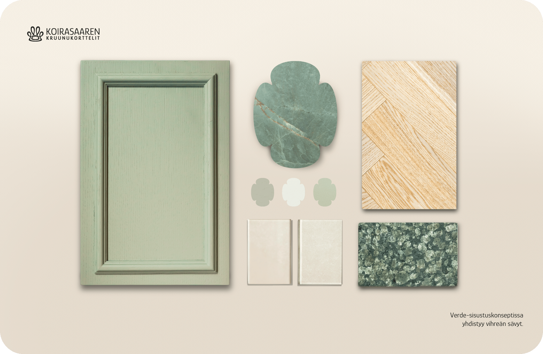 Verde-sisustuskonseptin materiaaleja